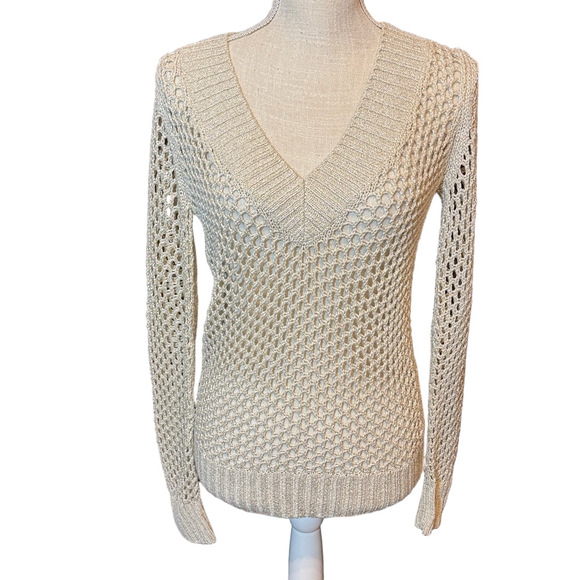 Express Sweaters - Express Cream and Metallic Gold Loose Knit V-Neck Pullover Sweater Size S